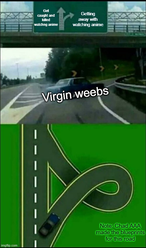 Left Exit 12 Loop | Getting away with watching anime; Get caught and killed watchng anime; Virgin weebs; Note: Chad AAA made the blueprints for this road | image tagged in left exit 12 loop | made w/ Imgflip meme maker