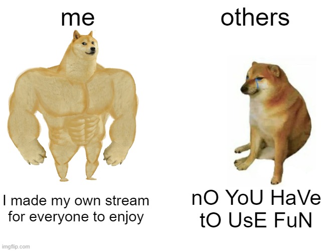 Buff Doge vs. Cheems | me; others; I made my own stream for everyone to enjoy; nO YoU HaVe tO UsE FuN | image tagged in memes,buff doge vs cheems,funny,funny memes,cheems,buff doge vs crying cheems | made w/ Imgflip meme maker