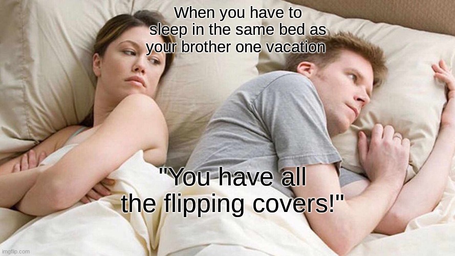 Siblings | When you have to sleep in the same bed as your brother one vacation; "You have all the flipping covers!" | image tagged in memes | made w/ Imgflip meme maker