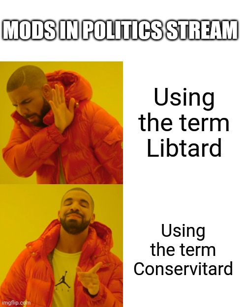 Liberal bias | MODS IN POLITICS STREAM; Using the term Libtard; Using the term Conservitard | image tagged in memes,drake hotline bling | made w/ Imgflip meme maker