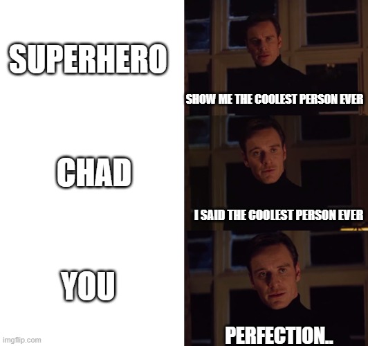 perfection... | SUPERHERO; SHOW ME THE COOLEST PERSON EVER; CHAD; I SAID THE COOLEST PERSON EVER; YOU; PERFECTION.. | image tagged in perfection,wholesome | made w/ Imgflip meme maker