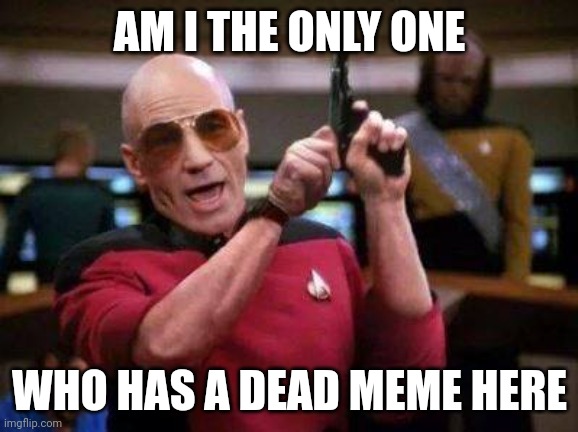 PICARD WITH GUN "AM I THE ONLY ONE AROUND HERE" | AM I THE ONLY ONE; WHO HAS A DEAD MEME HERE | image tagged in picard with gun am i the only one around here | made w/ Imgflip meme maker