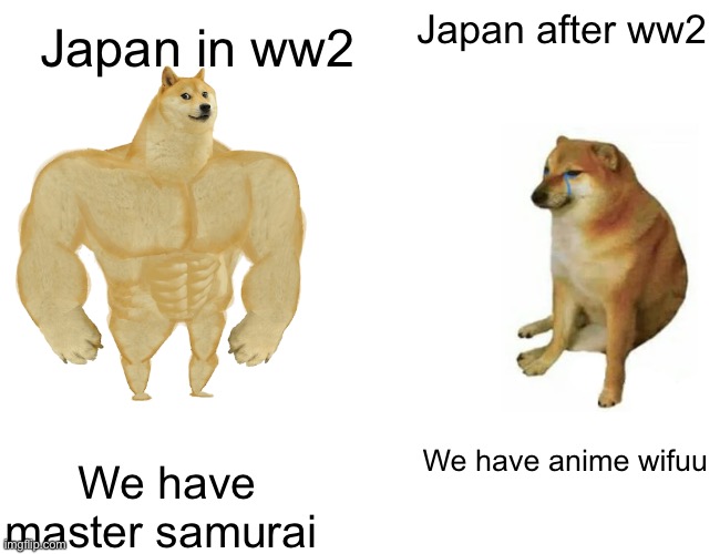 History of Japan | Japan after ww2; Japan in ww2; We have anime wifuu; We have master samurai | image tagged in memes,buff doge vs cheems | made w/ Imgflip meme maker