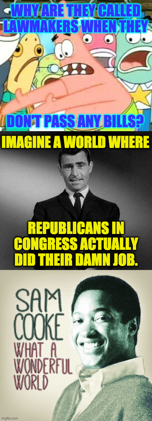 If I was at a McConnell press conference, that'd be my first question. | WHY ARE THEY CALLED
LAWMAKERS WHEN THEY; DON'T PASS ANY BILLS? IMAGINE A WORLD WHERE; REPUBLICANS IN
CONGRESS ACTUALLY
DID THEIR DAMN JOB. | image tagged in memes,put it somewhere else patrick,rod serling,sam cooke,wonderful,scumbag republicans | made w/ Imgflip meme maker