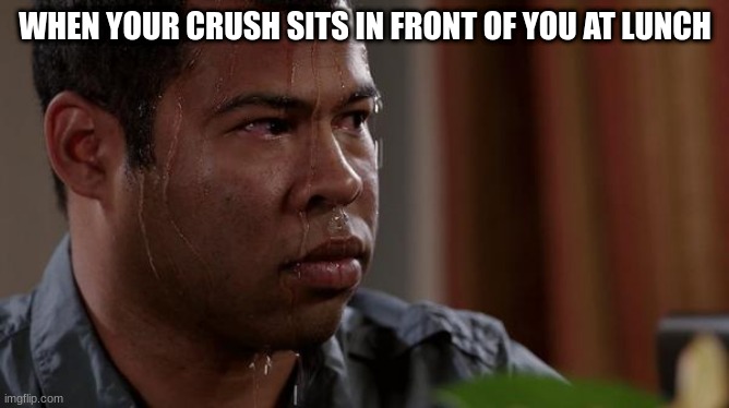 sweating bullets | WHEN YOUR CRUSH SITS IN FRONT OF YOU AT LUNCH | image tagged in sweating bullets | made w/ Imgflip meme maker