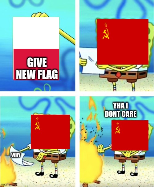 Spongebob Burning Paper | GIVE NEW FLAG; YHA I DONT CARE; WHY | image tagged in spongebob burning paper | made w/ Imgflip meme maker