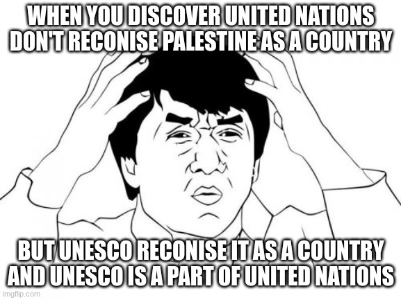 UNESCO is...strange... | WHEN YOU DISCOVER UNITED NATIONS DON'T RECONISE PALESTINE AS A COUNTRY; BUT UNESCO RECONISE IT AS A COUNTRY AND UNESCO IS A PART OF UNITED NATIONS | image tagged in memes,jackie chan wtf | made w/ Imgflip meme maker