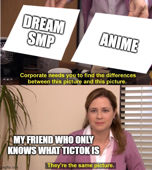 We don't get along..... | DREAM SMP; ANIME; MY FRIEND WHO ONLY KNOWS WHAT TICTOK IS | image tagged in corporate wants you to find the difference | made w/ Imgflip meme maker
