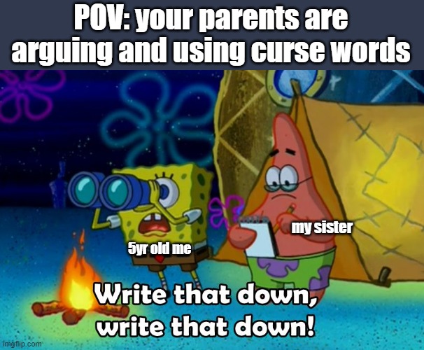 when your parents are arguing... |  POV: your parents are arguing and using curse words; my sister; 5yr old me | image tagged in write that down,memes,spongebob,patrick,lol | made w/ Imgflip meme maker