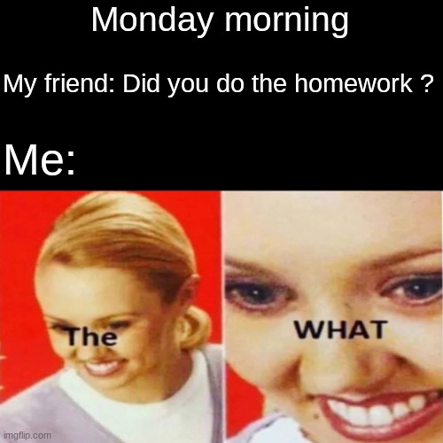 Student's life in a nutshell | Monday morning; My friend: Did you do the homework ? Me: | image tagged in the what | made w/ Imgflip meme maker