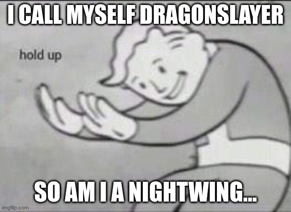Fallout Hold Up | I CALL MYSELF DRAGONSLAYER SO AM I A NIGHTWING... | image tagged in fallout hold up | made w/ Imgflip meme maker
