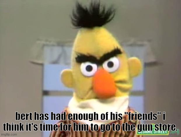 sesame stroot | bert has had enough of his "friends" i think it's time for him to go to the gun store. | image tagged in sesame street - angry bert | made w/ Imgflip meme maker