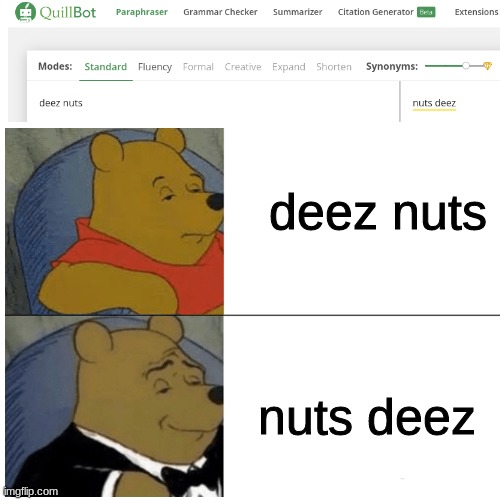  deez nuts; nuts deez | image tagged in deez nuts,tuxedo winnie the pooh | made w/ Imgflip meme maker