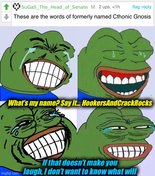 What, you know this is funny | What’s my name? Say it… HookersAndCrackRocks; If that doesn’t make you laugh, I don’t want to know what will | image tagged in pepe laugh 4 | made w/ Imgflip meme maker