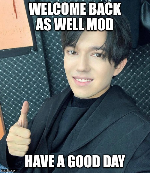 dimash thumbs up | WELCOME BACK AS WELL MOD HAVE A GOOD DAY | image tagged in dimash thumbs up | made w/ Imgflip meme maker