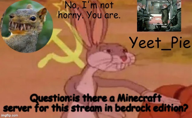 Yeet_Pie | Question:is there a Minecraft server for this stream in bedrock edition? | image tagged in yeet_pie | made w/ Imgflip meme maker