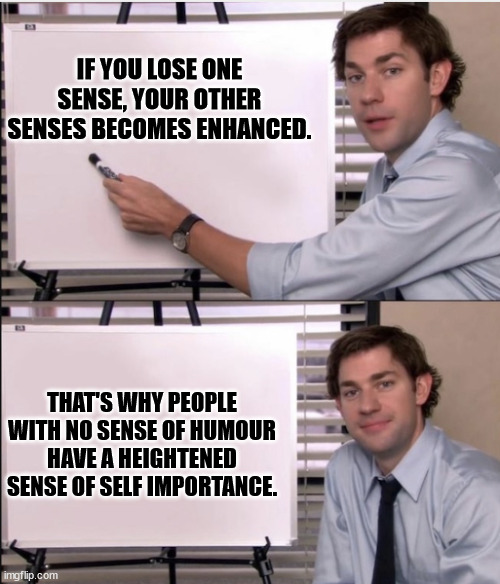 BORING PEOPLE |  IF YOU LOSE ONE SENSE, YOUR OTHER SENSES BECOMES ENHANCED. THAT'S WHY PEOPLE WITH NO SENSE OF HUMOUR HAVE A HEIGHTENED SENSE OF SELF IMPORTANCE. | image tagged in jim office board | made w/ Imgflip meme maker