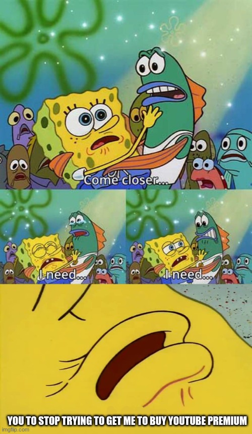 spongebob come closer template | YOU TO STOP TRYING TO GET ME TO BUY YOUTUBE PREMIUM | image tagged in spongebob come closer template | made w/ Imgflip meme maker
