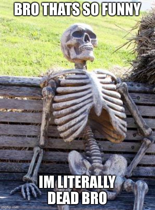 Waiting Skeleton Meme | BRO THATS SO FUNNY; IM LITERALLY DEAD BRO | image tagged in memes,waiting skeleton | made w/ Imgflip meme maker