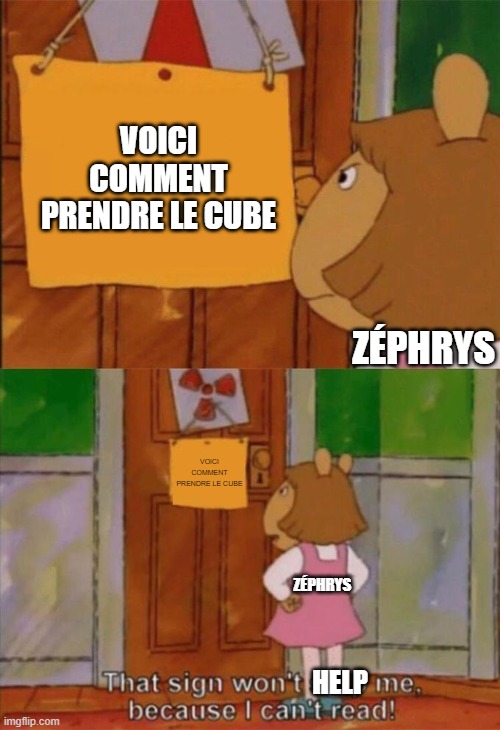 DW Sign Won't Stop Me Because I Can't Read | VOICI COMMENT PRENDRE LE CUBE; ZÉPHRYS; VOICI COMMENT PRENDRE LE CUBE; ZÉPHRYS; HELP | image tagged in dw sign won't stop me because i can't read | made w/ Imgflip meme maker