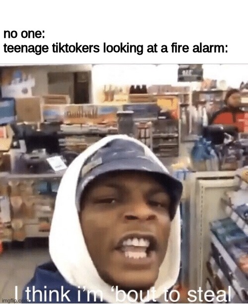 no one:
teenage tiktokers looking at a fire alarm: | image tagged in i think im bout to steal | made w/ Imgflip meme maker