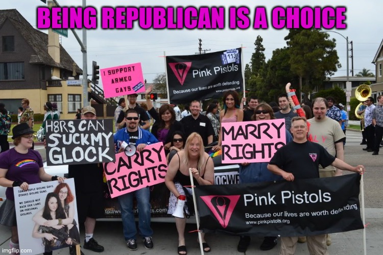 Pink Pistols | BEING REPUBLICAN IS A CHOICE | image tagged in pink pistols | made w/ Imgflip meme maker
