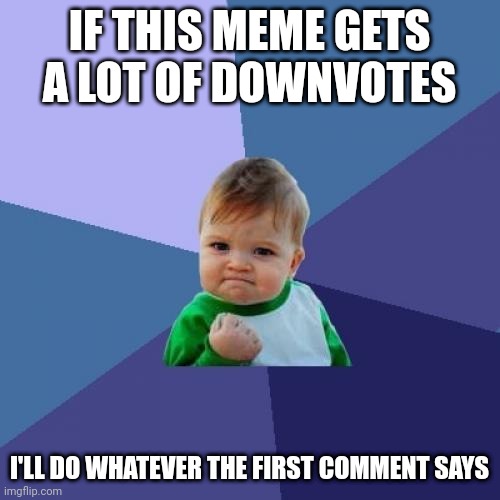 Success Kid | IF THIS MEME GETS A LOT OF DOWNVOTES; I'LL DO WHATEVER THE FIRST COMMENT SAYS | image tagged in memes,success kid | made w/ Imgflip meme maker