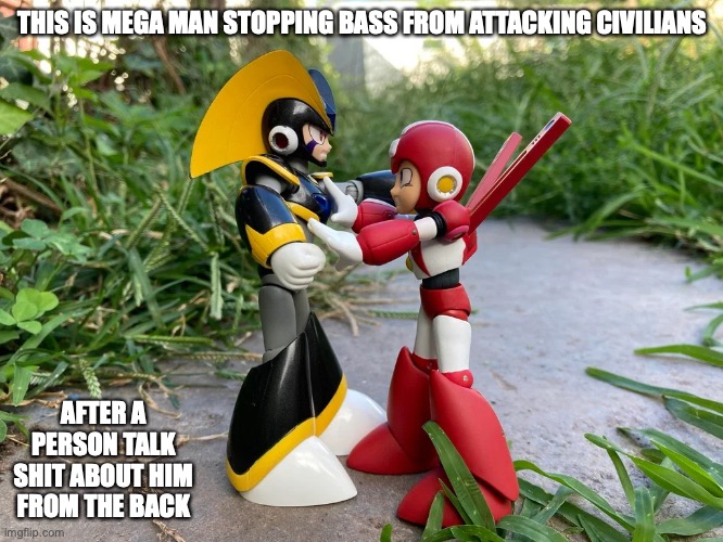 Super Mega Man and Bass | THIS IS MEGA MAN STOPPING BASS FROM ATTACKING CIVILIANS; AFTER A PERSON TALK SHIT ABOUT HIM FROM THE BACK | image tagged in megaman,memes | made w/ Imgflip meme maker