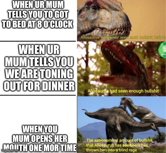 lol | WHEN UR MUM TELLS YOU TO GOT TO BED AT 8 O’CLOCK; WHEN UR MUM TELLS YOU WE ARE TONING OUT FOR DINNER; WHEN YOU MUM OPENS HER MOUTH ONE MOR TIME | image tagged in mad allosaurus | made w/ Imgflip meme maker