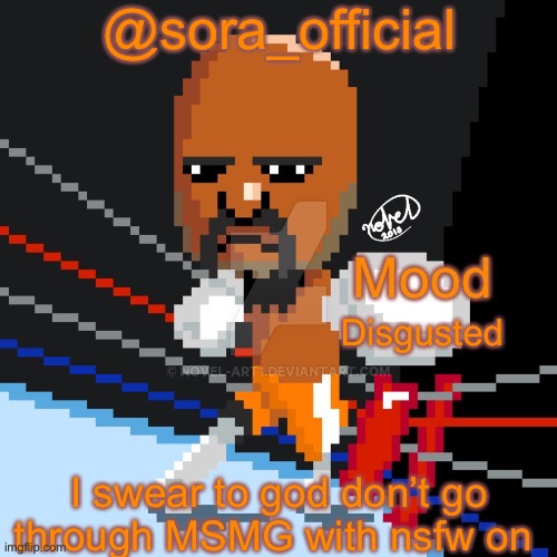 Seriously don’t do it | @sora_official; Disgusted; I swear to god don’t go through MSMG with nsfw on | image tagged in sora s pixel matt temp | made w/ Imgflip meme maker