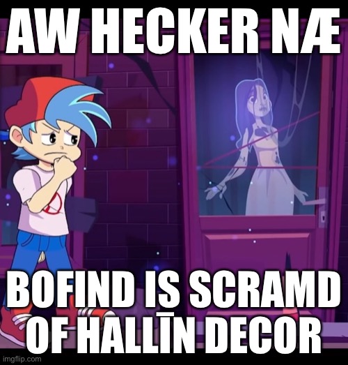 AW HECKER NÆ; BOFIND IS SCRAMD OF HALLĪN DECOR | made w/ Imgflip meme maker
