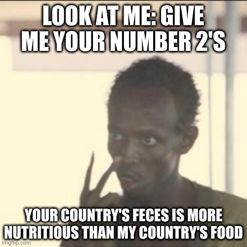 Which is extra sad considering how much of our food is shit | LOOK AT ME: GIVE ME YOUR NUMBER 2'S; YOUR COUNTRY'S FECES IS MORE NUTRITIOUS THAN MY COUNTRY'S FOOD | image tagged in memes,look at me | made w/ Imgflip meme maker