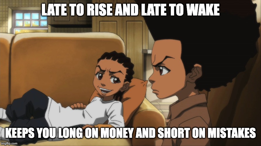 Late To Rise | LATE TO RISE AND LATE TO WAKE; KEEPS YOU LONG ON MONEY AND SHORT ON MISTAKES | image tagged in the boondocks | made w/ Imgflip meme maker