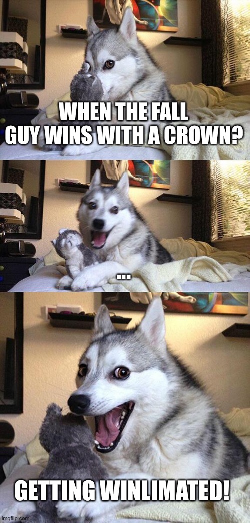 huh fall guys? | WHEN THE FALL GUY WINS WITH A CROWN? ... GETTING WINLIMATED! | image tagged in memes,bad pun dog | made w/ Imgflip meme maker