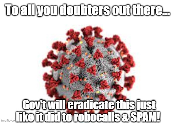 Coronavirus Molecule | To all you doubters out there... Gov't will eradicate this just like it did to robocalls & SPAM! | image tagged in coronavirus molecule | made w/ Imgflip meme maker