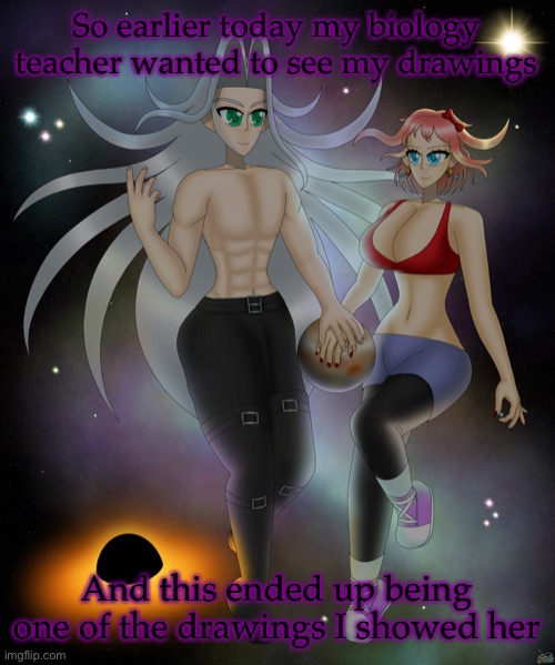 Considering that it was in a school setting and she didn’t say anything negative about it, it would just prove that this is SFW | So earlier today my biology teacher wanted to see my drawings; And this ended up being one of the drawings I showed her | image tagged in sayori and sephiroth | made w/ Imgflip meme maker