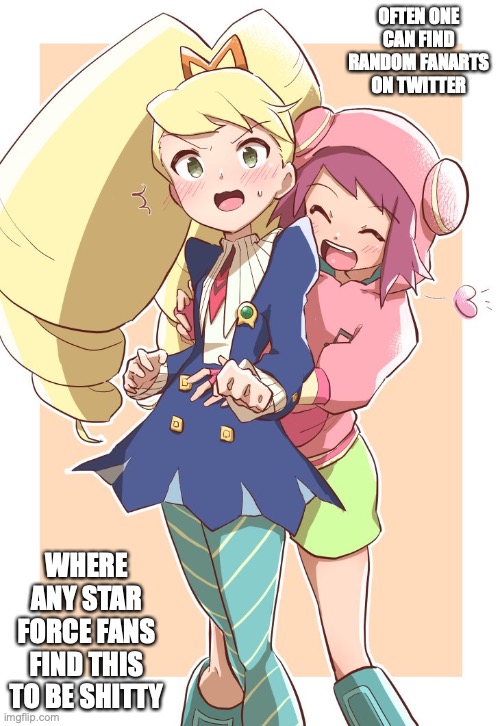 Sonia Hugging Luna | OFTEN ONE CAN FIND RANDOM FANARTS ON TWITTER; WHERE ANY STAR FORCE FANS FIND THIS TO BE SHITTY | image tagged in sonia strumm,luna platz,megaman,megaman star force,memes | made w/ Imgflip meme maker