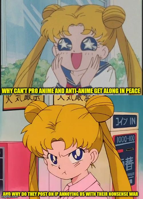 Look you've upset Sailor Moon. ?Grrrrr | WHY CAN'T PRO ANIME AND ANTI-ANIME GET ALONG IN PEACE; AND WHY DO THEY POST ON IP ANNOYING US WITH THEIR NONSENSE WAR | image tagged in sailor moon sparkly eyes,sailor moon | made w/ Imgflip meme maker