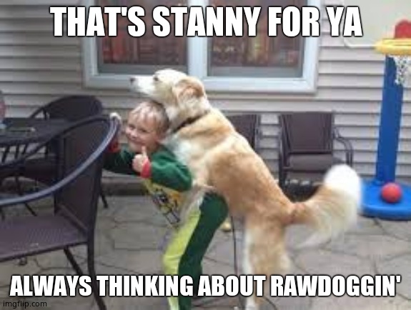 kids love dog humps | THAT'S STANNY FOR YA ALWAYS THINKING ABOUT RAWDOGGIN' | image tagged in kids love dog humps | made w/ Imgflip meme maker