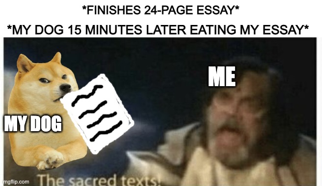 Big crunch |  *MY DOG 15 MINUTES LATER EATING MY ESSAY*; *FINISHES 24-PAGE ESSAY*; ME; MY DOG | image tagged in school,essay,dog | made w/ Imgflip meme maker