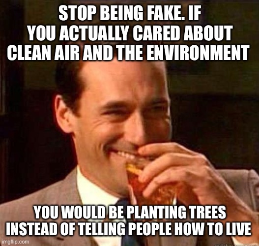 Liberals aren’t fooling anyone |  STOP BEING FAKE. IF YOU ACTUALLY CARED ABOUT CLEAN AIR AND THE ENVIRONMENT; YOU WOULD BE PLANTING TREES INSTEAD OF TELLING PEOPLE HOW TO LIVE | image tagged in mad men | made w/ Imgflip meme maker