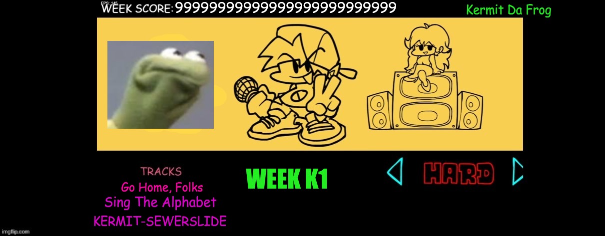 Kermit starts his rapping career | Kermit Da Frog; 99999999999999999999999999; WEEK K1; Go Home, Folks; Sing The Alphabet; KERMIT-SEWERSLIDE | image tagged in fnf custom week,kermit the frog | made w/ Imgflip meme maker
