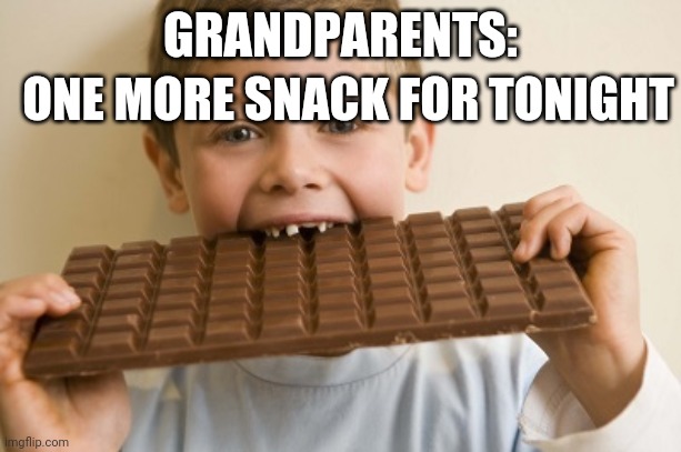 A big spoiled kid | GRANDPARENTS:; ONE MORE SNACK FOR TONIGHT | image tagged in chocolate bar,grandparents,hi,wow,yummy,you are reading these tags | made w/ Imgflip meme maker