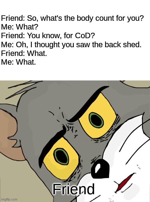 What's he got in the back shed? | Friend: So, what's the body count for you?
Me: What?
Friend: You know, for CoD? Me: Oh, I thought you saw the back shed.
Friend: What.
Me: What. Friend | image tagged in blank white template,memes,unsettled tom,lol,so funny,idk | made w/ Imgflip meme maker