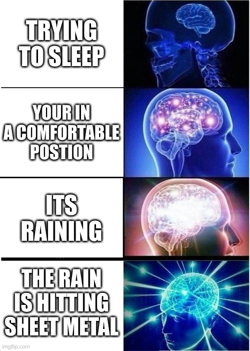 Sleep | TRYING TO SLEEP; YOUR IN A COMFORTABLE POSTION; ITS RAINING; THE RAIN IS HITTING SHEET METAL | image tagged in memes,expanding brain | made w/ Imgflip meme maker