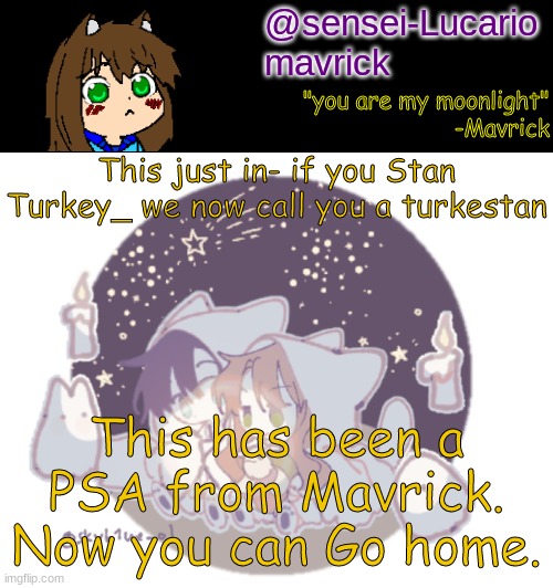 If you say otherwise you are a turkestan | This just in- if you Stan Turkey_ we now call you a turkestan; This has been a PSA from Mavrick.
Now you can Go home. | image tagged in mavricks moonlight temp | made w/ Imgflip meme maker