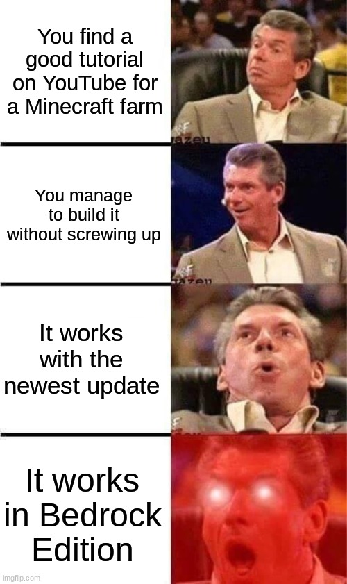 Team Bedrock All The Way | You find a good tutorial on YouTube for a Minecraft farm; You manage to build it without screwing up; It works with the newest update; It works in Bedrock Edition | image tagged in vince mcmahon reaction w/glowing eyes,minecraft | made w/ Imgflip meme maker