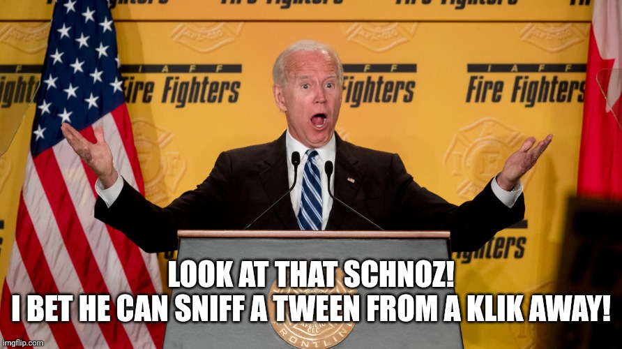 Excited Joe Biden | LOOK AT THAT SCHNOZ!
I BET HE CAN SNIFF A TWEEN FROM A KLIK AWAY! | image tagged in excited joe biden | made w/ Imgflip meme maker