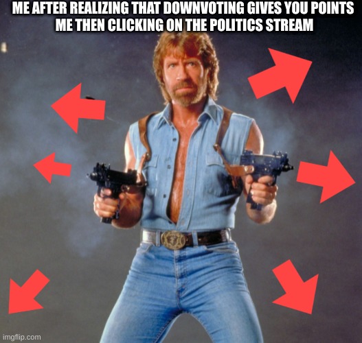 opinions be like sh*t |  ME AFTER REALIZING THAT DOWNVOTING GIVES YOU POINTS 

ME THEN CLICKING ON THE POLITICS STREAM | image tagged in memes,chuck norris guns,chuck norris | made w/ Imgflip meme maker
