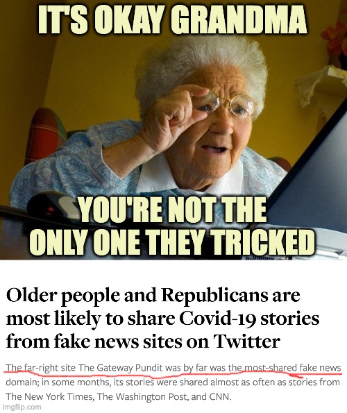 IT'S OKAY GRANDMA YOU'RE NOT THE ONLY ONE THEY TRICKED | image tagged in memes,grandma finds the internet | made w/ Imgflip meme maker